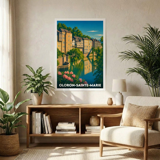 Affiche souvenir de la ville d'Oloron-Sainte-Marie avec une illustration stylisée et colorée de ses maisons au bord de l'eau.