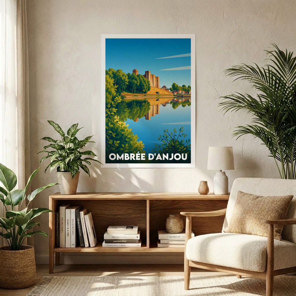 Affiche souvenir de la ville d'Ombrée d'Anjou avec une illustration stylisée d'un château se reflétant dans l'eau.