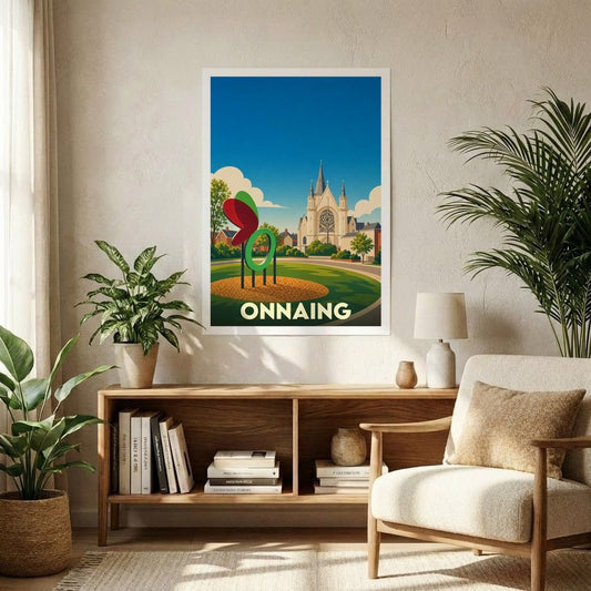 Affiche souvenir de la ville d'Onnaing avec une illustration stylisée représentant son église et un monument local.