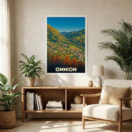 Affiche souvenir de la ville d'Onnion représentant un paysage montagneux automnal dans un style vintage.