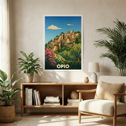 Affiche souvenir de la ville d'Opio représentant un village perché provençal dans un style illustré coloré.