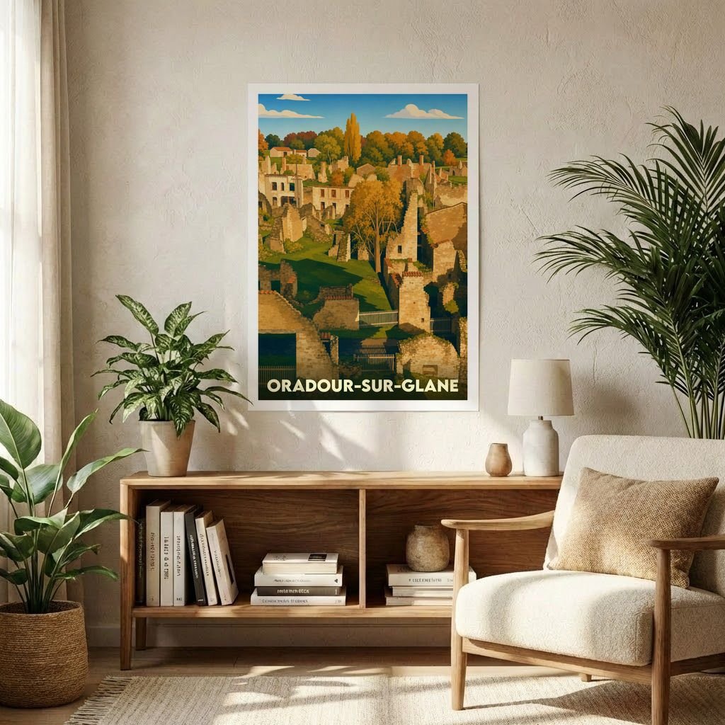 Affiche souvenir de la ville d'Oradour-sur-Glane représentant les ruines du village martyr dans un style illustré.