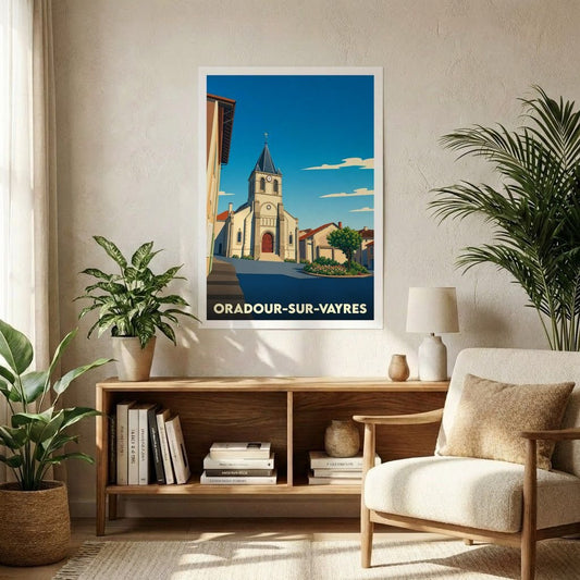 Affiche souvenir de la ville d'Oradour-sur-Vayres illustrant son église sous un ciel bleu azur.