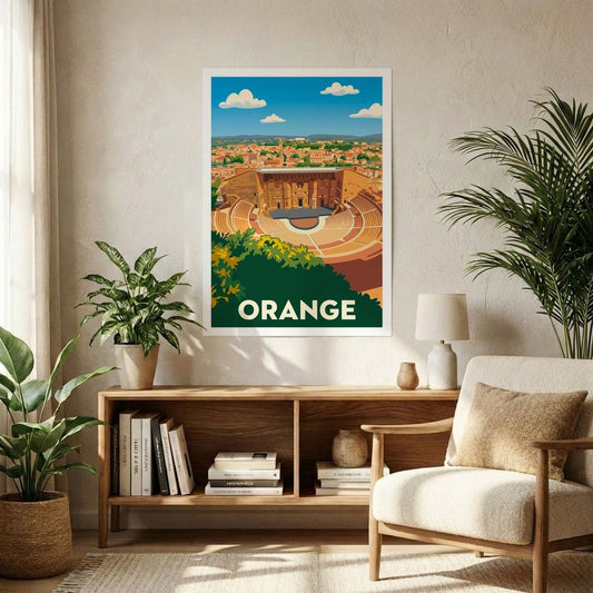 Affiche souvenir de la ville d'Orange avec une illustration stylisée de son théâtre antique.