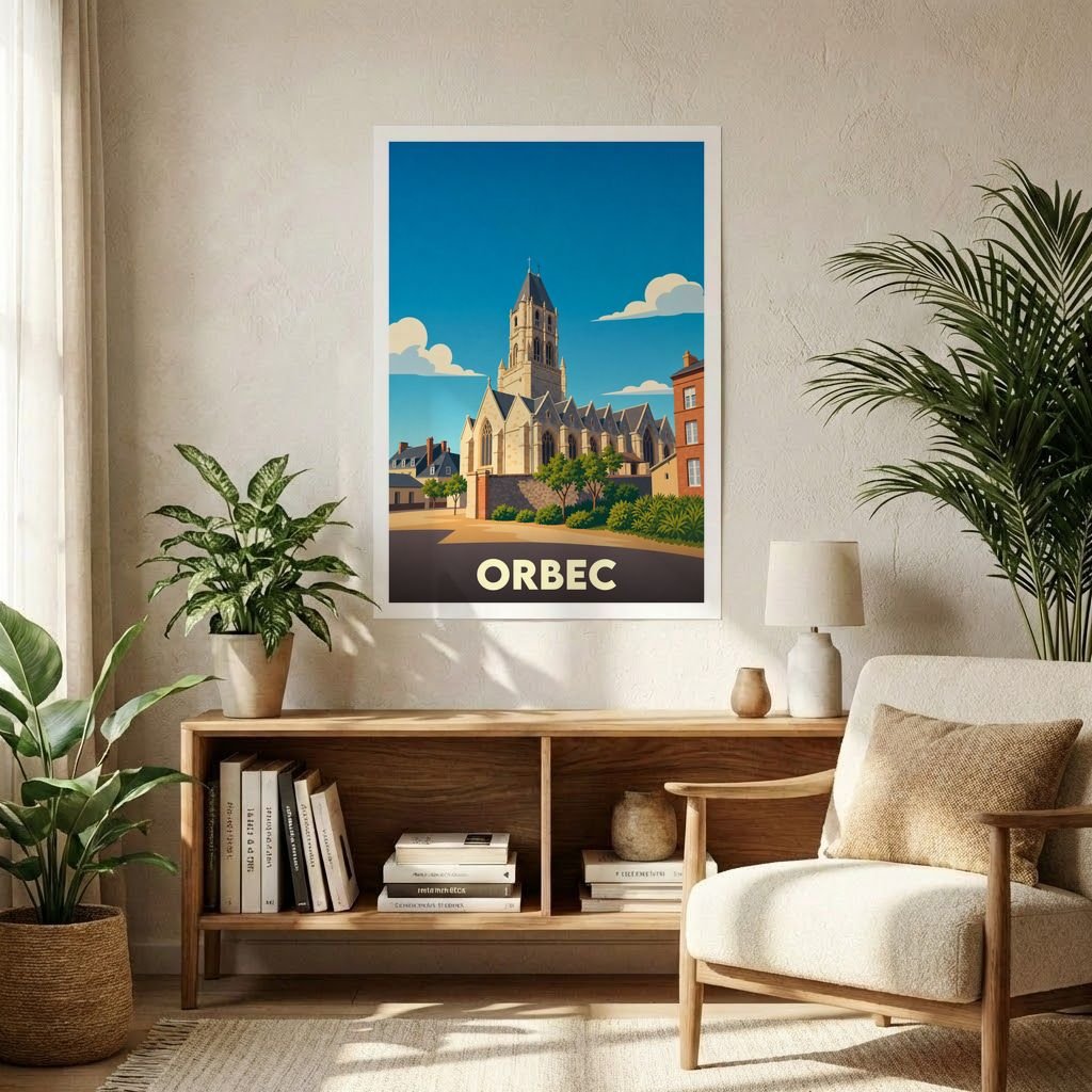 Affiche souvenir de la ville d'Orbec présentant une illustration stylisée de son église sous un ciel bleu.