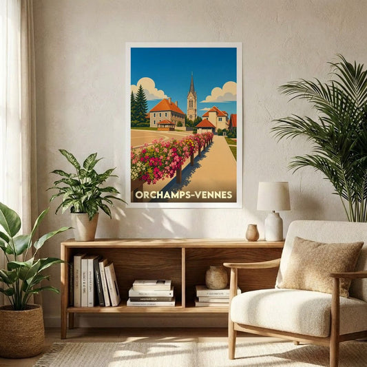Affiche souvenir de la ville de Orchamps-Vennes avec une illustration stylisée et colorée.
