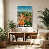 Affiche souvenir de la ville d'Orée d'Anjou avec une illustration stylisée et colorée.