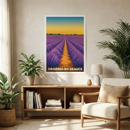 Affiche souvenir de la ville de Orgères-en-Beauce avec une illustration stylisée de champs de lavande au coucher du soleil.