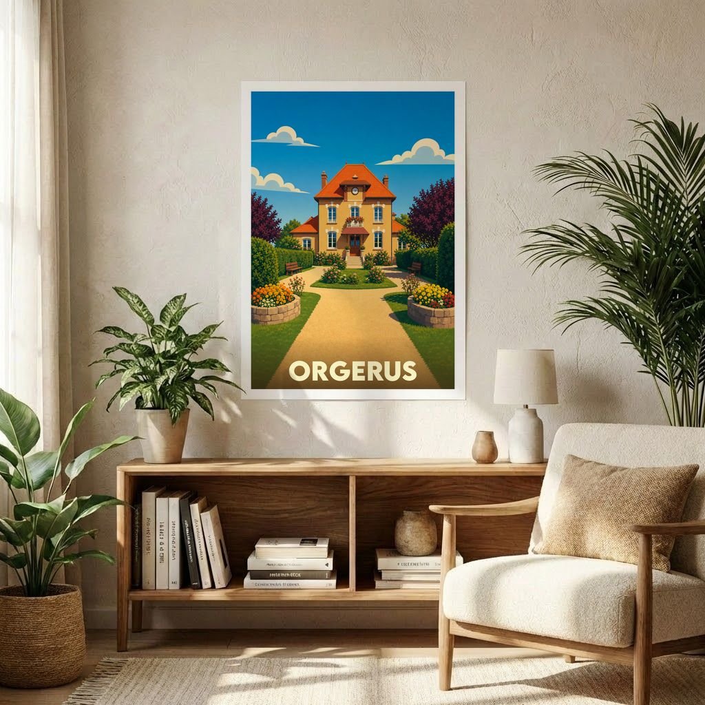 Affiche souvenir de la ville de Orgerus avec une illustration stylisée de sa mairie et de ses jardins.