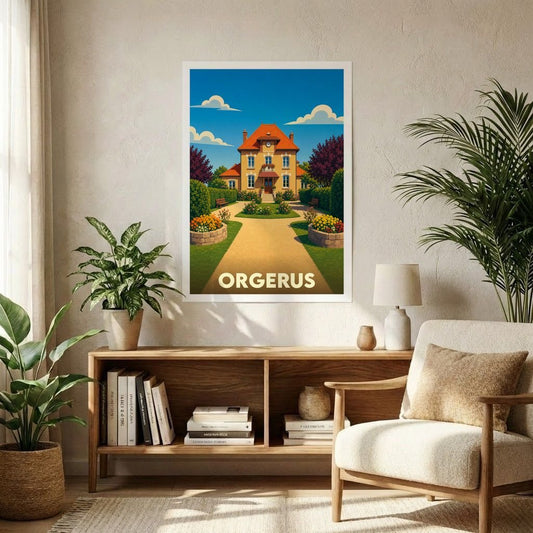Affiche souvenir de la ville de Orgerus avec une illustration stylisée de sa mairie et de ses jardins.