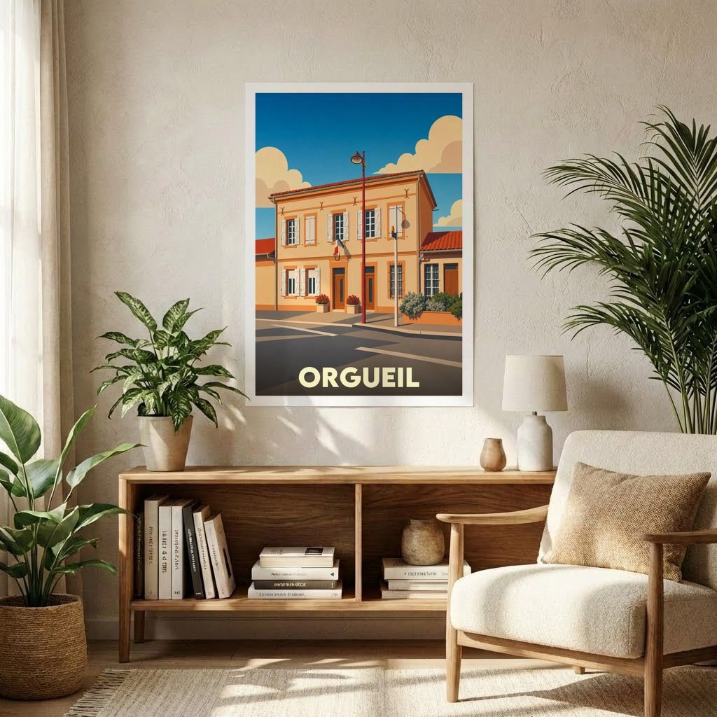 Affiche souvenir de la ville d'Orgueil avec une illustration stylisée de son architecture locale sous un ciel ensoleillé.