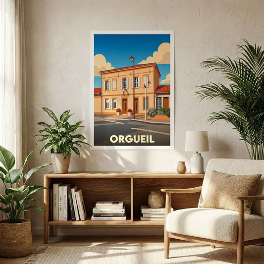 Affiche souvenir de la ville d'Orgueil avec une illustration stylisée de son architecture locale sous un ciel ensoleillé.