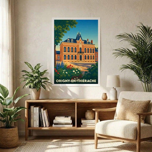 Affiche souvenir de la ville d'Origny-en-Thiérache illustrant son hôtel de ville dans un style rétro et coloré.