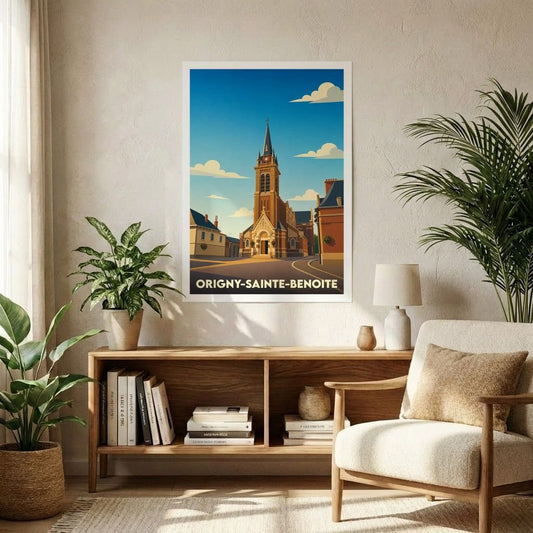 Affiche souvenir de la ville d'Origny-Sainte-Benoite avec une illustration stylisée de son église sous un ciel bleu.