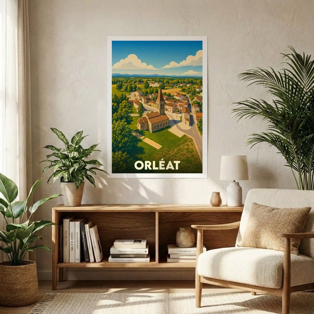 Affiche souvenir de la ville d'Orléat présentant une illustration stylisée d'un village pittoresque avec son église.