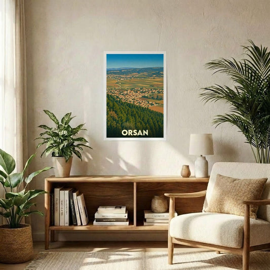 Affiche souvenir de la ville d'Orsan représentant un paysage panoramique illustré.