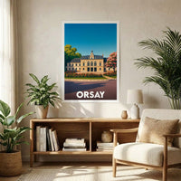 Affiche souvenir de la ville d'Orsay avec une illustration stylisée d'un bâtiment historique et de ses jardins.