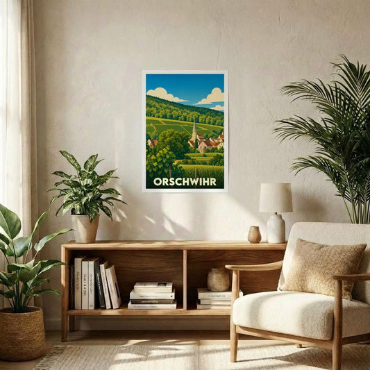 Affiche souvenir de la ville d'Orschwihr représentant un paysage de vignobles et de village avec une illustration stylisée.