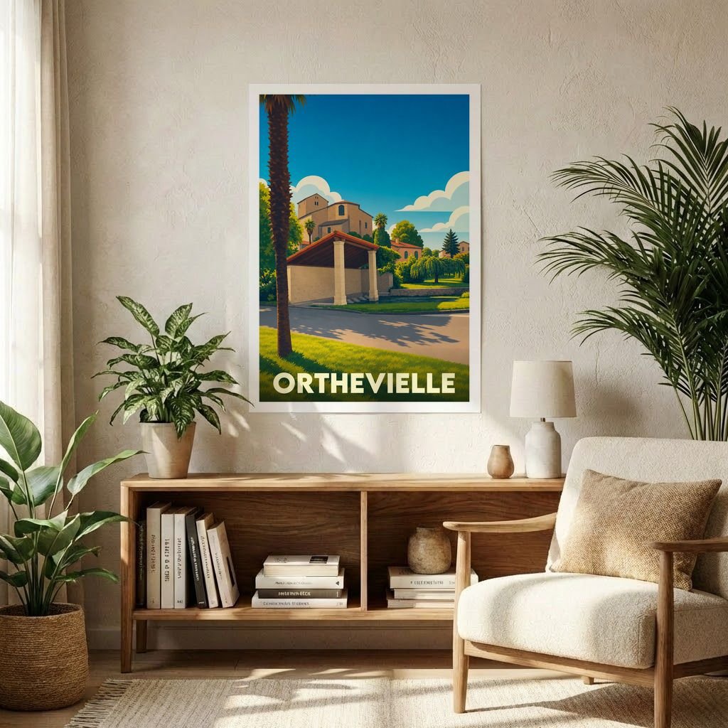 Affiche souvenir de la ville d'Orthevielle avec une illustration stylisée et colorée.