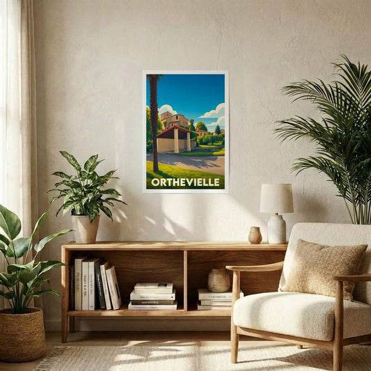 Affiche souvenir de la ville d'Orthevielle avec une illustration stylisée et colorée de ses paysages.