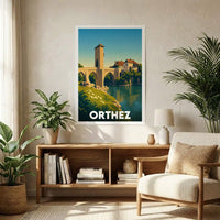 Affiche souvenir de la ville d'Orthez représentant son célèbre Pont Vieux avec une illustration stylisée et colorée.