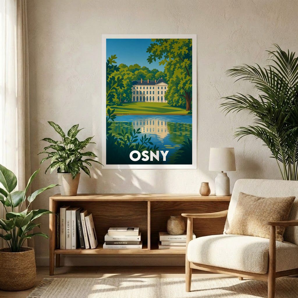 Affiche souvenir de la ville d'Osny avec une illustration stylisée d'un château se reflétant dans l'eau.
