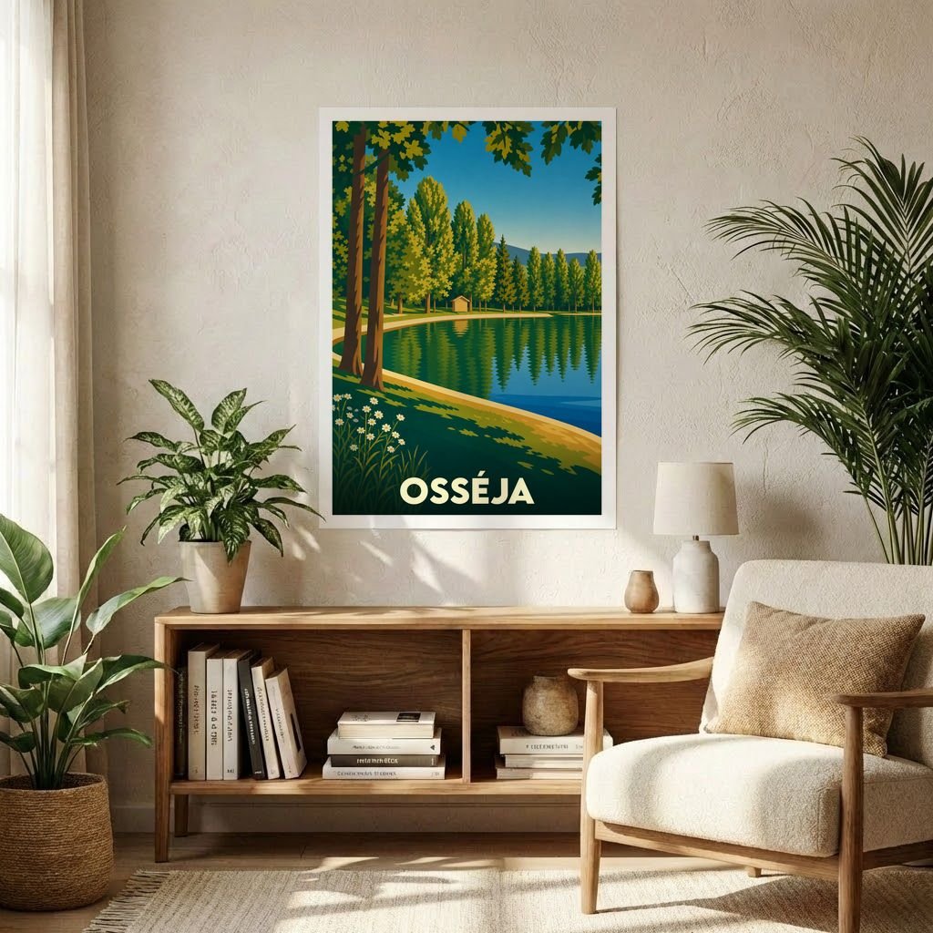 Affiche souvenir de la ville d'Osséja avec une illustration stylisée d'un lac bordé de forêt.