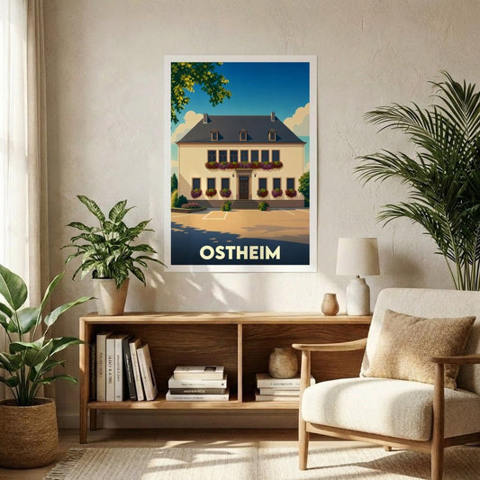Affiche souvenir de la ville d'Ostheim avec une illustration stylisée d'un bâtiment fleuri.