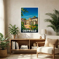 Affiche souvenir de la ville d'Ostwald avec une illustration stylisée de son patrimoine architectural et paysager.