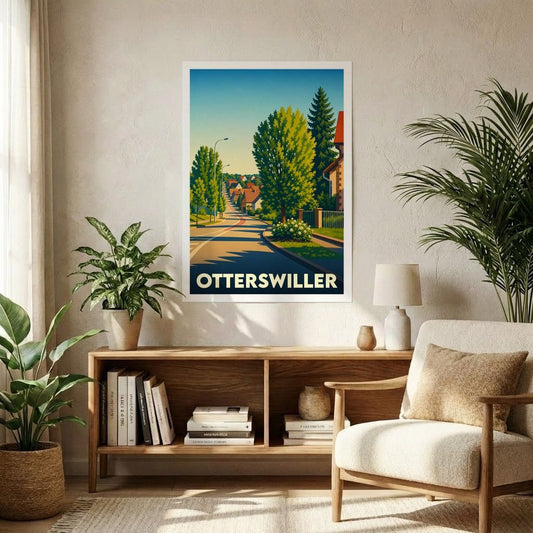 Affiche souvenir de la ville d'Otterswiller avec une illustration stylisée d'une rue bordée d'arbres sous un ciel bleu.
