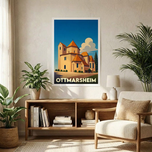 Affiche souvenir de la ville d'Ottmarsheim représentant son église abbatiale dans un style graphique épuré.