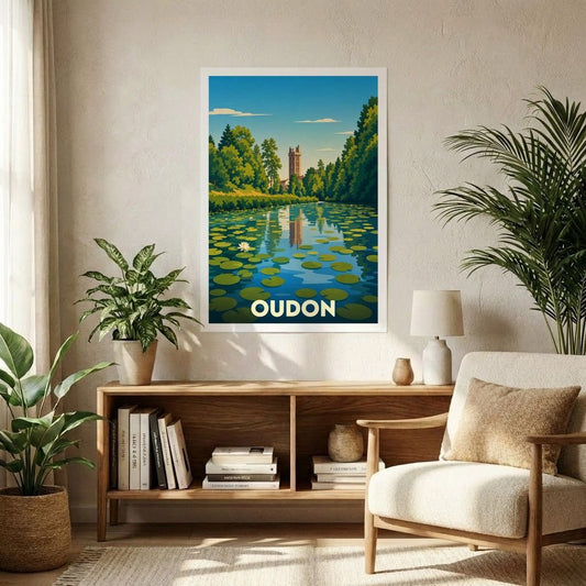 Affiche souvenir de la ville d'Oudon avec une illustration stylisée d'un paysage fluvial.