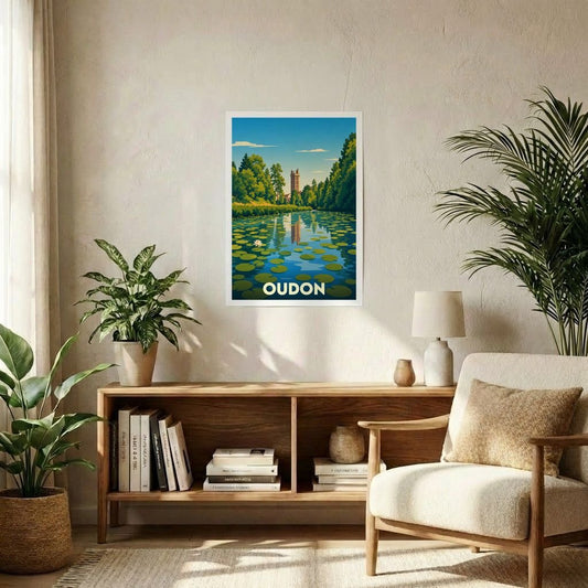 Affiche souvenir de la ville d'Oudon avec une illustration stylisée d'un plan d'eau et de son château.