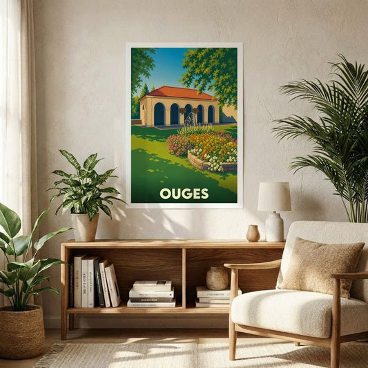 Affiche souvenir de la ville d'Ouges avec une illustration stylisée d'un bâtiment à arcades et d'un jardin fleuri.