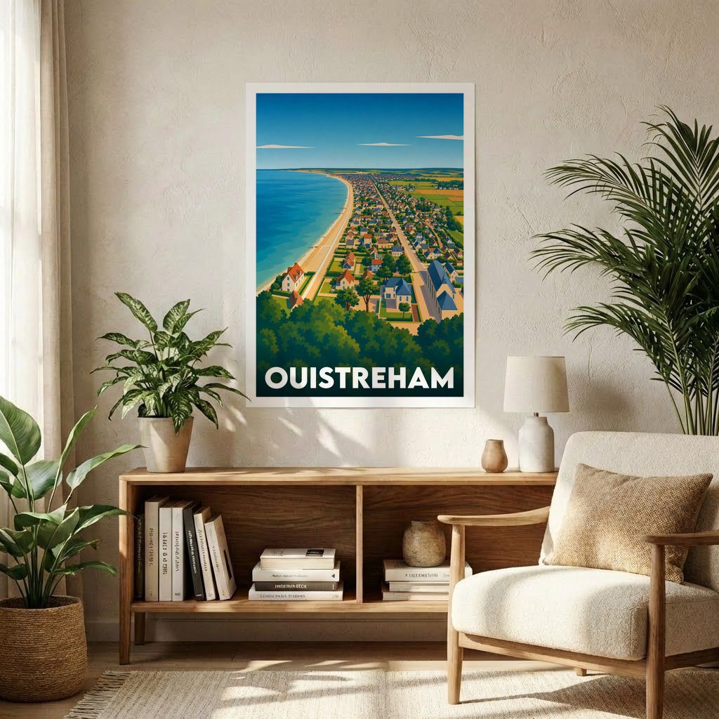 Affiche souvenir de la ville de Ouistreham avec une illustration stylisée vue du ciel de la côte et des habitations.