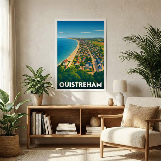 Affiche souvenir de la ville de Ouistreham avec une illustration stylisée vue du ciel de la côte et des habitations.
