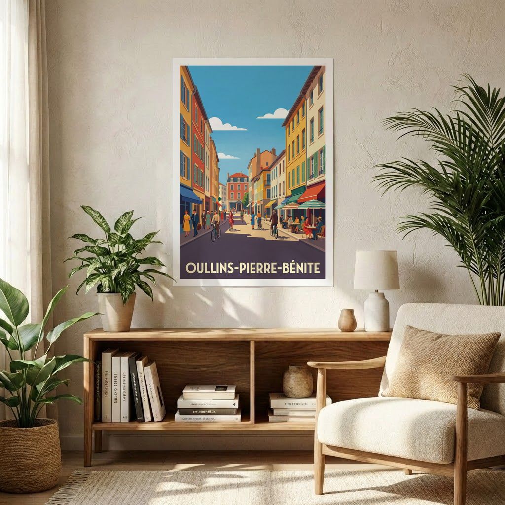 Affiche souvenir de la ville d'Oullins-Pierre-Bénite avec une illustration stylisée d'une rue colorée.