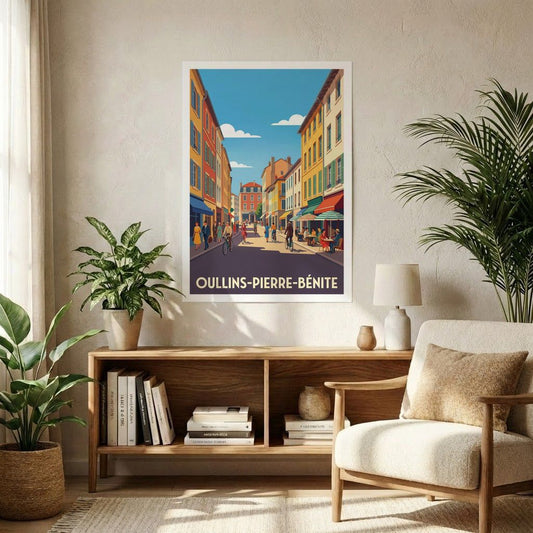 Affiche souvenir de la ville d'Oullins-Pierre-Bénite avec une illustration stylisée d'une rue colorée.