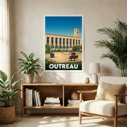Affiche souvenir de la ville d’Outreau avec une illustration stylisée.