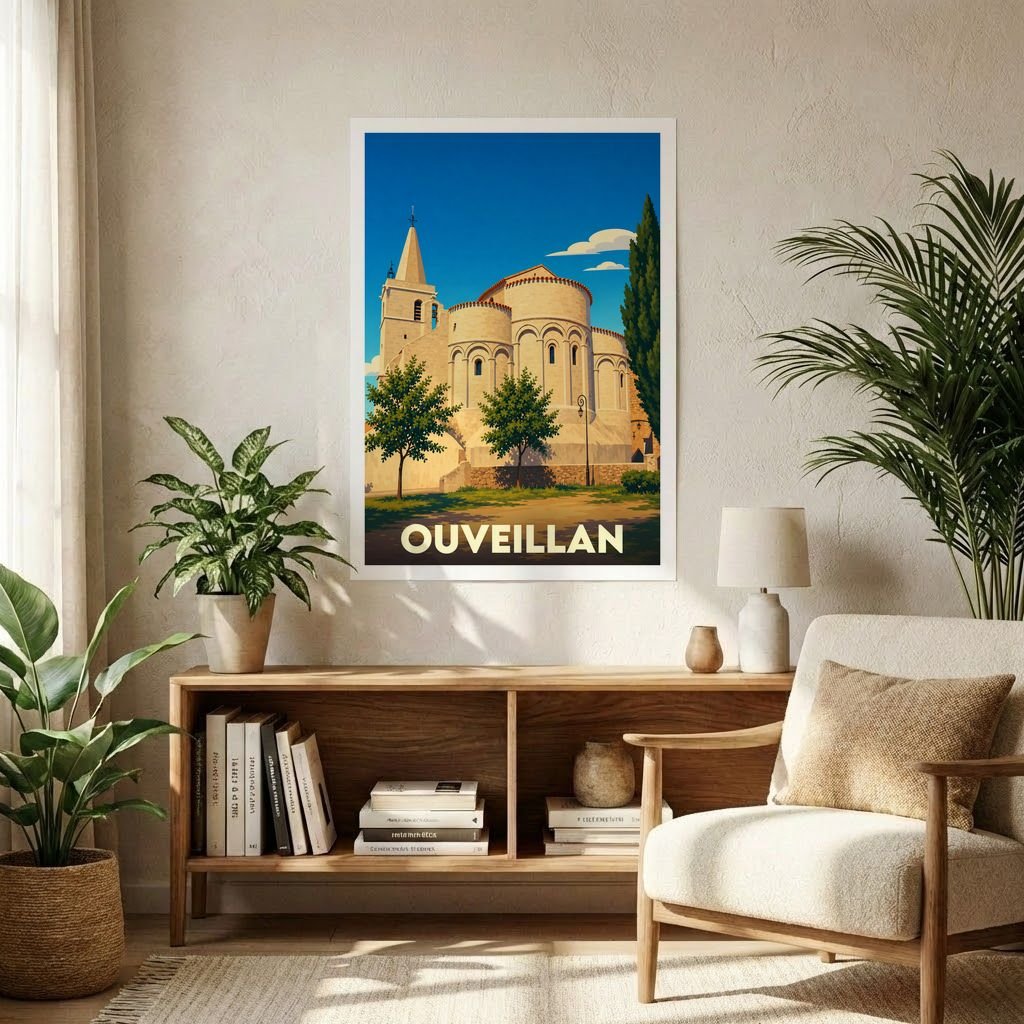 Affiche souvenir de la ville d'Ouveillan représentant son église romane dans un style vintage coloré.