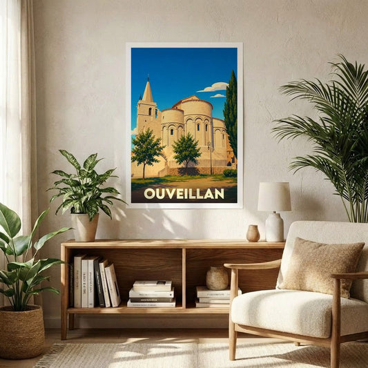 Affiche souvenir de la ville d'Ouveillan représentant son église romane dans un style vintage coloré.