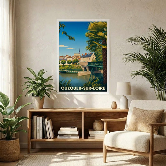 Affiche souvenir de la ville de Ouzouer-sur-Loire avec une illustration stylisée d'un pont et de son église.
