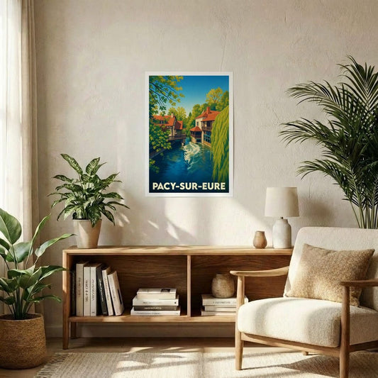 Affiche souvenir de la ville de Pacy-sur-Eure avec une illustration stylisée d'un moulin sur l'Eure.