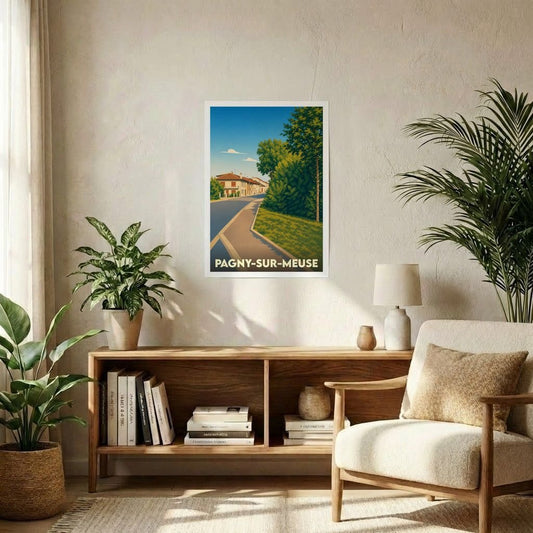 Affiche souvenir de la ville de Pagny-sur-Meuse avec une illustration stylisée d'un paysage urbain verdoyant.