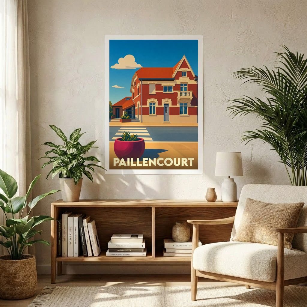 Affiche souvenir de la ville de Paillencourt avec une illustration stylisée d'un bâtiment typique sous un ciel bleu.