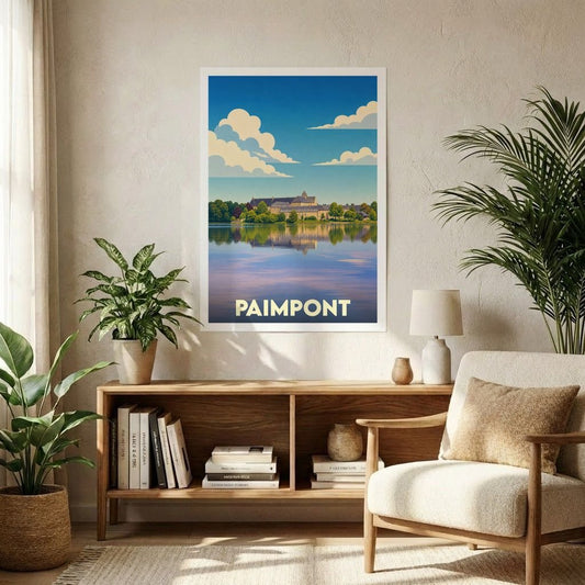 Affiche souvenir de la ville de Paimpont illustrant son abbaye au bord de l'eau dans un style graphique épuré.