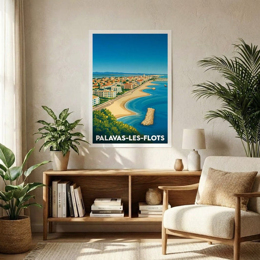 Affiche souvenir de la ville de Palavas-les-Flots avec une illustration stylisée du littoral méditerranéen.