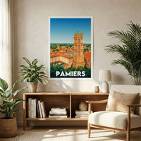 Affiche souvenir de la ville de Pamiers avec une illustration stylisée de son architecture emblématique.
