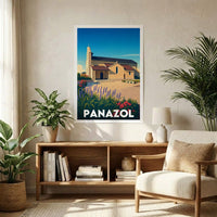 Affiche souvenir de la ville de Panazol représentant son église dans un style graphique épuré et coloré.