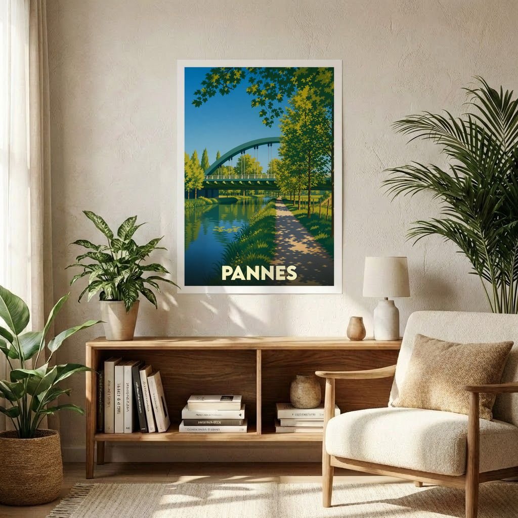 Affiche souvenir de la ville de Pannes avec une illustration stylisée d'un canal et de son pont.